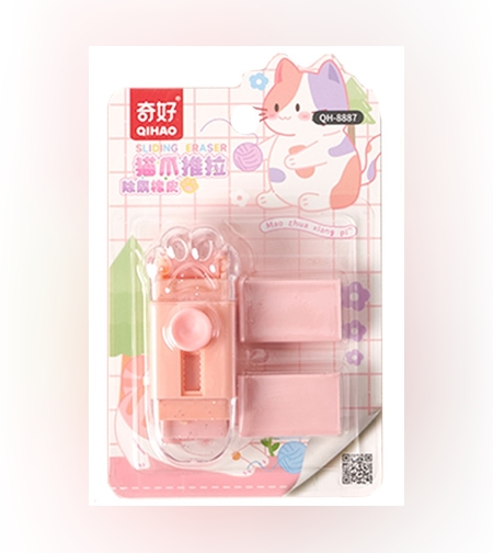 Radiera Retractabila, Flippy, Model Pisica Push-Pull pentru elevii, Radiera de tip Push, Doua Radiere de Rezerva in set, Roz Pal