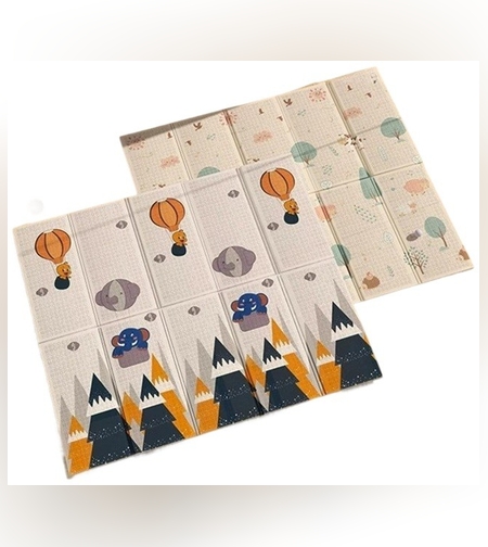 Covoras pentru Copii, Flippy, cu 2 Fete, Model Padure/Elefanti, din XPE+PE, Impermeabil, Antiderapant, Protectie Termica, +3 Luni, Pliabil, 180 x 200 x 1.5 cm, Multicolor