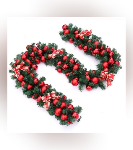 Ghirlanda decorativa Craciun cu Globuri rosii si funde rosii cu argintiu, Flippy, 2,70 m, Verde