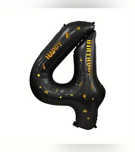 Balon din Folie Metalizata Flippy, Figurina Cifra, Scris Happy Birthday, Tema Aniversare 100 cm, Ambalaj Individual, Pai inclus, Umflare cu Aer sau Heliu, Negru, Cifra 4