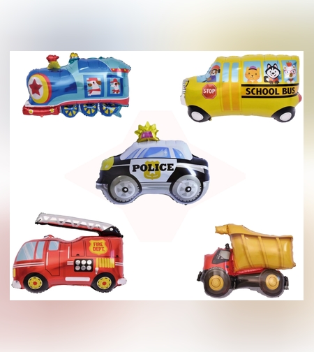 Set 5 Baloane Folie Metalizata, Flippy, Figurine Masini, 30 cm, Ambalaj Individual, Pai inclus, Umflare cu Aer sau Heliu, Multicolor