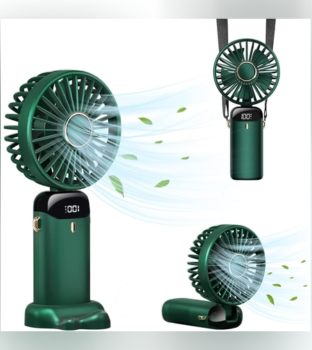 Ventilator Ultra Portabil cu Aromaterapie, Flippy, 3 in 1, de Mana, de Birou, de Gat, 5 Trepte de Viteza, Incarcare USB, Autonomie 12h, Pliabil, cu Ecran LCD, Verde