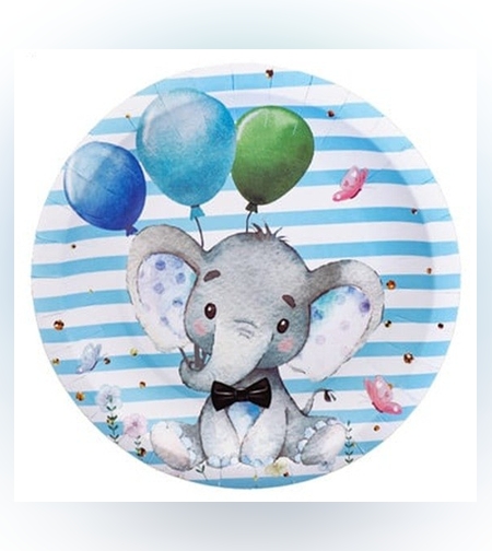 Set 10 Farfurii Unica Folosinta, Flippy, Imprimeu Elefant, din Carton, 17 cm, Albastru