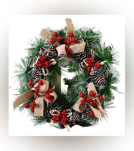 Coronita pentru Craciun Flippy, diametru 32 cm, din brad artificial, decorata cu conuri si merisoare, 3 Funde. Verde/Alb