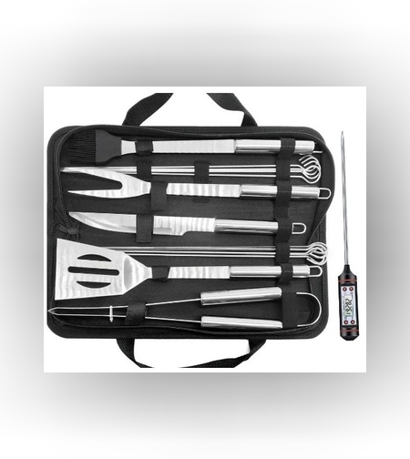 Set 14 Ustensile pentru Gratar cu Termometru, Flippy, din Otel Inoxidabil, Geanta Oxford, Argintiu