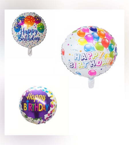 Set 3 Baloane din Folie Metalizata, Flippy, Mini Figurina Rotunda, Model Happy Birthday, 45 cm, Ambalaj Individual, Pai inclus, Umflare cu Aer sau cu Heliu, Multicolor