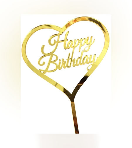 Decoratiune Topper pentru Tort, Flippy, Model Inimioara Scris Happy Birthday, Tematica Aniversare, Auriu