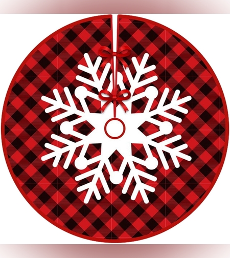 Covoras pentru Bradul de Craciun, Flippy, din Tesatura Pufoasa, cu Fundite de Prindere, Model Fulg de Nea, Carouri Rosu/Negru, Diametru 90 cm