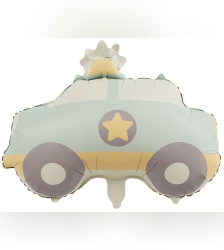 Balon din Folie Metalizata, Flippy, Figurina Animata, Model Masina de Politie, 56 x 50 cm, Ambalaj Individual, Pai Inclus, Umflare cu Aer sau Heliu, Albastru