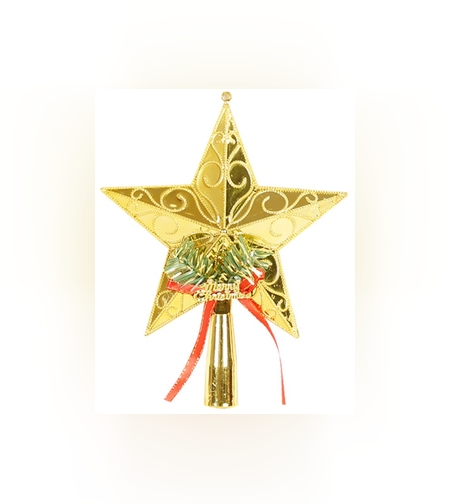 Varf decorativ de brad, Auriu, in forma de Stea, cu decoratiune Merry Christmas, din Plastic, 18.5 x 15 cm, Interior,Exterior, Flippy