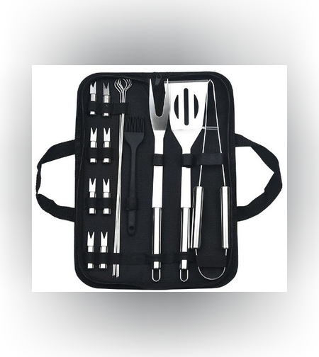Set 16 Ustensile pentru Gratar, Flippy, din Otel Inoxidabil, Geanta Oxford, Argintiu