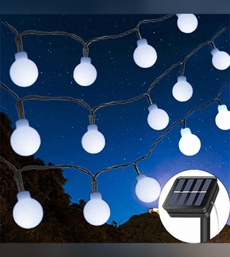 Instalatie Craciun, 12 metri, 100 de LED-uri cu ornament tip Bulb, 8 jocuri de lumini alb rece, cu energie solara, liniar, interior/exterior, Flippy