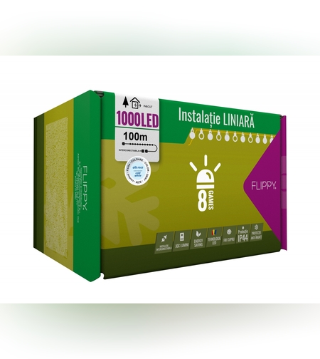 Instalatie Craciun, 100 m, 1000 Led-uri ,Liniara, Alb rece, 8 jocuri de lumini, Transformator, Interconectabila, Prelungitor 5 m inclus, Fir Verde, Flippy