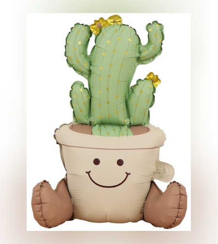 Balon din Folie Metalizata, Flippy, Figurina Animata, Model Ghivechi Cactus, 57.5 x 56 cm, Ambalaj Individual, Pai Inclus, Umflare cu Aer sau Heliu, Verde
