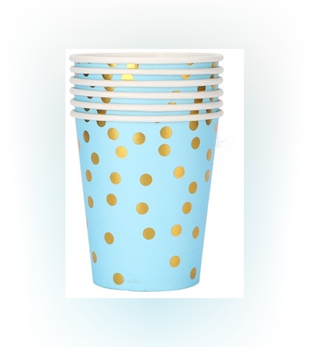 Set 10 Pahare, Flippy, Imprimeu cu Buline, din Carton, 250 ml, 7.5 x 8.5 x 5.2 cm, Albastru/Auriu