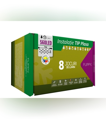 Instalatie Craciun, Tip Plasa, 7 m x 2 m, 560 LED-uri, Multicolor, 8 jocuri de lumini, Transformator, Interconectabila, Prelungitor 3 m inclus, Fir transparent, Flippy