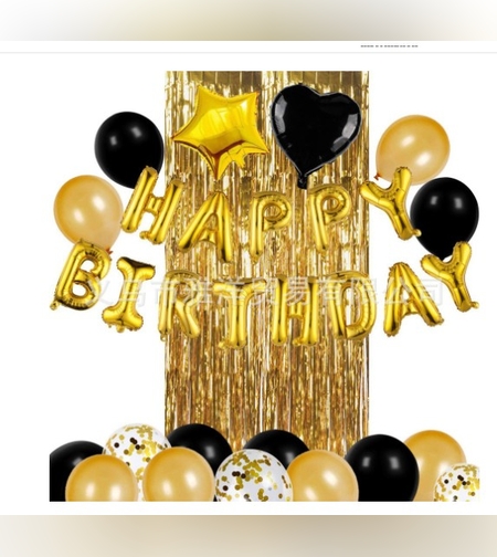 Set 24 de baloane folie si latex, 10 baloane latex simple, 10 bloane latex cu paiete, 4 baloane folie, ribon, 1x2 m perdea, Auriu/Negru