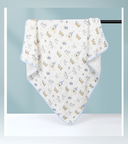 Prosop de baie din bumbac si tifon pentru Bebelusi, Flippy, cu Sase Straturi, pentru Copii, 110x110 cm, Model Unicorni, Bej Albastru