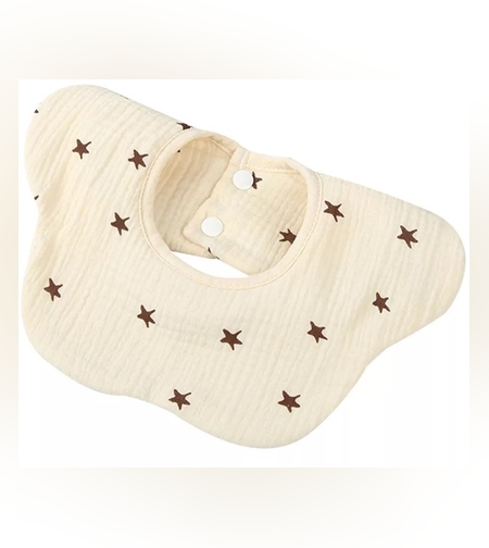 Baveta Tip Floare, Flippy, din Bumbac, pentru Copii 0-12 Luni, Rezistenta la apa, cu Capse, Model cu Stelute, 26 x 29 cm, Crem