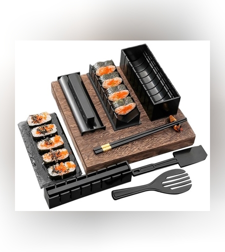 Set ustensile pentru facut sushi Flippy, 10 piese, forma inima inclus, 3 forme clasice, extensibil, finisaj lucios, material ABS, curatare usoara, negru
