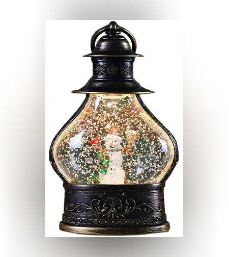 Decoratiune de Craciun tip Felinar, Flippy, Glob de Cristal cu Fulgi de Zapada, Model Om de Zapada, Ornamentat cu Luminite Interioare, 14.5 x 9 x 3 cm, Rama Neagra, Transparent