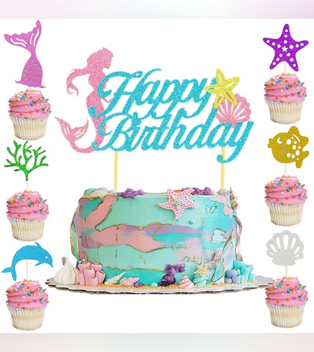 Set Toppere pentru Tort si Prajituri, Flippy, Tematica Sirena, Model Mare Scris Happy Birthday 16.5x8.2 cm, 6 Toppere Mici Model Marin 5x5 cm, Multicolor