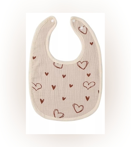 Baveta in Forma de U, Flippy, din Bumbac, pentru Copii 0-12 Luni, Rezistenta la Apa, cu Capse, Model cu Inimoare,  21x30 cm, Bej