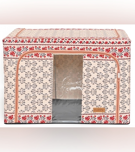 Cutie de Depozitare Pliabila, Flippy,100 L din Bumbac si In, 60X42X40 cm, Fereastra Frontala, 2 Usi de Acces cu Fermoar Bidirectional, Cadru Metalic, Suport Baza Stabil din Plastic, Motiv Traditional Model 3