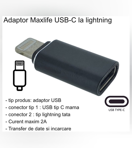 Adaptor Type C (mama) to Lightning (tata) cu Agatatoare Breloc inclusa, Negru