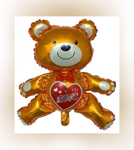 Balon din Folie Metalizata, Flippy, Figurina Urs, Model Love, Tema Ziua Indragostitilor, 60x63cm, Ambalaj Individual, Pai Inclus, Umflare cu Aer sau Heliu, Maro