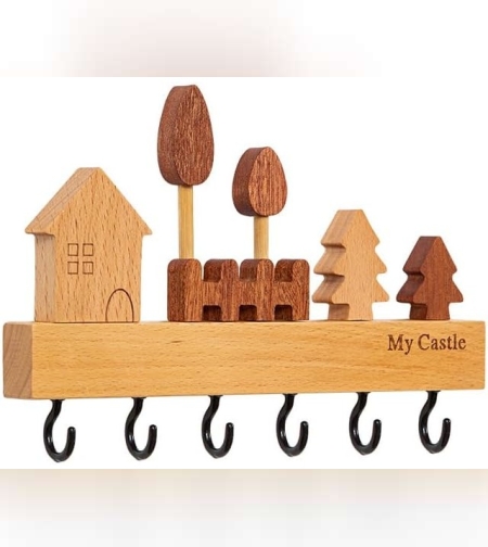 Suport pentru Chei, Flippy, din Lemn, Aplicare fara Perforare, Adeziv Inclus, 6 Carlige Negre, Model Casuta, Greutate Suportata 5 kg, 14.5 x 2 x 22.5 cm, Maro