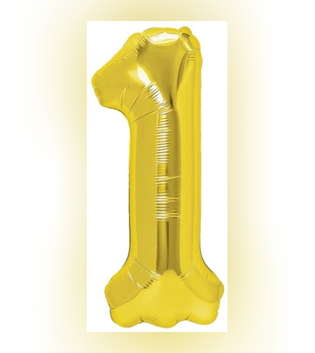 Balon din Folie Metalizata Flippy, Figurina Cifra, Tema Aniversare 80 cm, Ambalaj Individual, Pai inclus, Umflare cu Aer sau Heliu, Auriu, Cifra 1