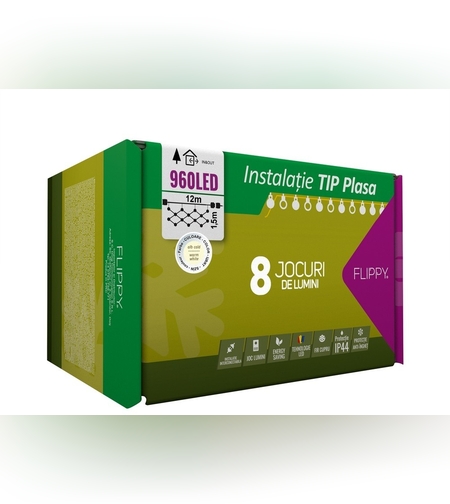 Instalatie Craciun, Tip Plasa, 12 m x 1.5 m, 960 LED-uri, Alb cald, 8 jocuri de lumini, Transformator, Interconectabila, Prelungitor 5 m inclus, Fir transparent, Flippy