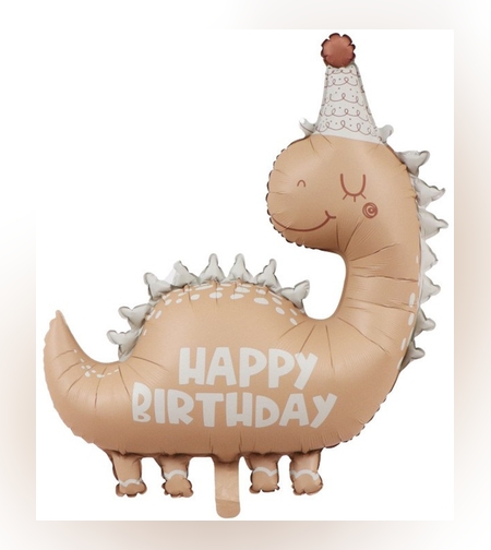 Balon din Folie Metalizata, Flippy, Figurina Animata, Model Dinozaur Happy Birthday, 80 x 77 cm, Ambalaj Individual, Pai Inclus, Umflare cu Aer sau Heliu, Maro