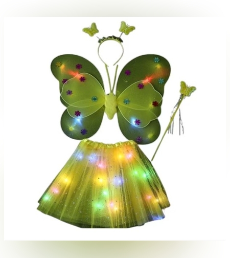 Costum Fluturas cu Aripi Modelabile Luminoase pentru Copii, Flippy, Fusta din Tul cu Lumini, Bagheta si Bentita, 4 piese, Pentru Halloween, Roleplay, Craciun, Carnaval, Paste, Ziua Copilului, Bumbac/Poliester, Marime universala, Galben