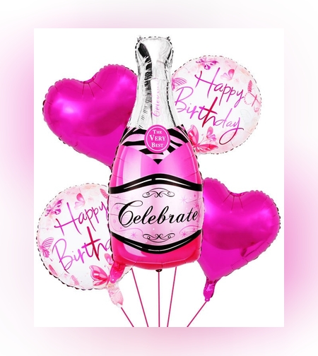 Set 5 Baloane din Folie Metalizata, Flippy, Figurine Sticla de Sampanie, Model Inimi, Tema Aniversare, Pai Inclus, Ambalaj Individual, Umflare cu Aer sau Heliu, Multicolor