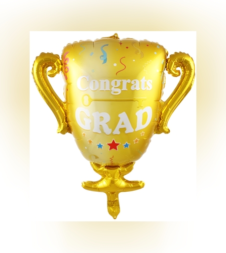 Balon din Folie Metalizata, Flippy, Figurina Cupa, Tema Absolvire, 65x72cm, Ambalaj Individual, Pai Inclus, Umflare cu Aer sau Heliu, Galben