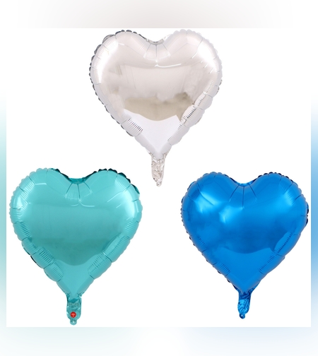 Set 3 Baloane din Folie Metalizata, Flippy, Figurina Inima, Tema Ziua Indragostitilor, 45 cm, Ambalaj Individual, Pai Inclus, Umflare cu Aer sau Heliu, Albastru/Argintiu