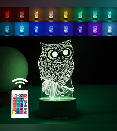 Lampa LED decorativa, Flippy, 3D, Bufnita, cu USB si baterii, 20 cm inaltime, din material acril, lumina multicolora si telecomanda inclusa, alb