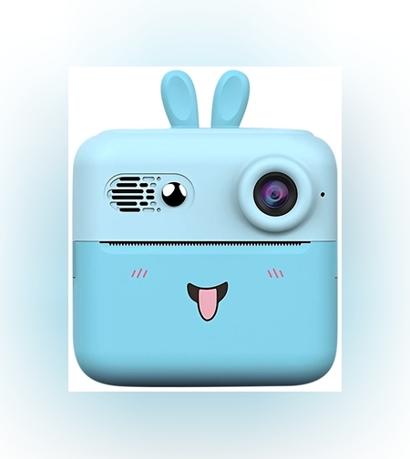 Camera Instantanee pentru Copii, Flippy, cu Functie de Printare, Cablu USB-C, Bluetooth, Compatibil iOS/Android, Imprimare APP, Model Iepure, Snur de Agatat Inclus, Albastru