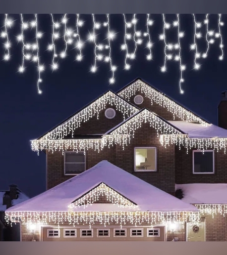 Sectiune Instalatie de Craciun, Flippy®, Tip Franjuri, 5 m, 143 LED-uri, cu 8 Jocuri de Lumini, Fir de Cupru, Lumina Alb Rece, IP44, Interconectabila