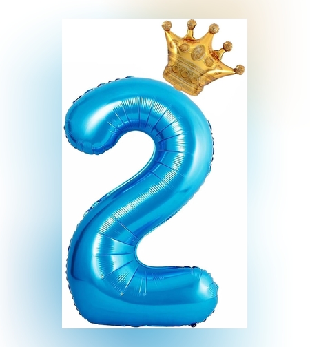 Balon din Folie Metalizata Flippy, Figurina Cifra si Coroana, Tema Aniversare 100 cm, Ambalaj Individual, Pai inclus, Umflare cu Aer sau Heliu, Albastru, Cifra 2