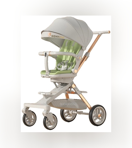Carucior Sport Flippy 3in1, 6-36 Luni, Pliabil, Tavita pentru Masa, Pat de Dormit, Centura de Siguranta, Roti 360 Grade, Reversibil, Parasolar, Maner Reglabil, 64 x 35 x 100 cm, Gri/Verde