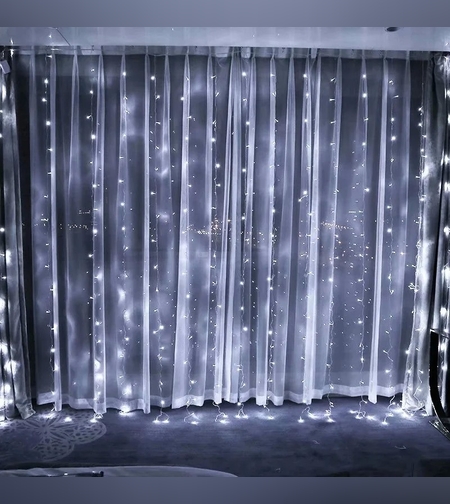 Instalatie Craciun, Tip Perdea, IP44, 3 m x 3 m, 240 LED-uri, Alb rece, cu 8 jocuri de lumini, 31 V, 9W, Interconectabila, Prelungitor 3 m inclus, Fir transparent, Interior/ Exterior, Flippy