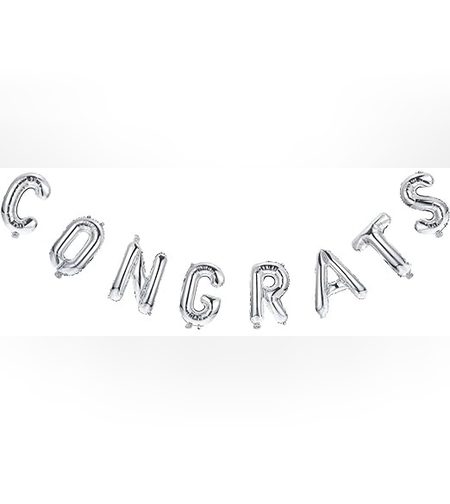 Set Baloane din Folie Metalizată, Flippy, Model Congrats, Litere de 40 cm, Baloane Absolvire, Ambalaj Individual, Pai inclus, Umflare cu Aer sau Heliu, Argintiu