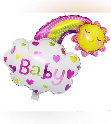 Balon din Folie Metalizata, Flippy, Figurina Soare si Nor, Tema Botez, 60x53 cm, Ambalaj Individual, Pai Inclus, Umflare cu Aer sau Heliu, Roz