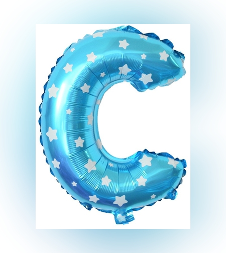Balon Folie Metalizata Litera C, Flippy, 40 cm, Cu Imprimeu Stelute, Umflati cu Heliu sau Aer, Ambalaj Individual, Pai inclus, Albastru