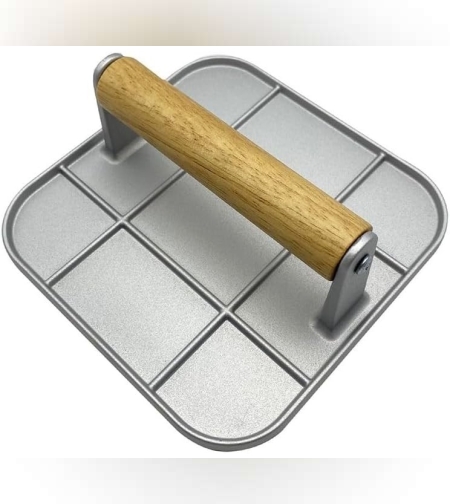 Presa Manuala pentru Carne, Flippy, din Aliaj de Aluminiu, Maner din Lemn, Presa pentru Burgeri, Usor de Curatat si Folosit, Patrata, 16x16x6 cm, Gri