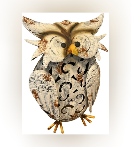 Decoratiune de Gradina cu Lampa solara, Flippy, Model Bufnita, Iluminare Led si Incarcare Solara, 20.5 x 10 x 25.5 cm, din Fier, Gri Alb