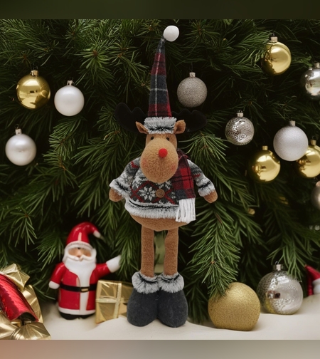 Figurina Decorativa, Pentru Craciun, Flippy, Ren, Picioare Telescopice, Inaltime Reglabila 44-54cm, Bluza cu Fulgi, Rosu/Gri
